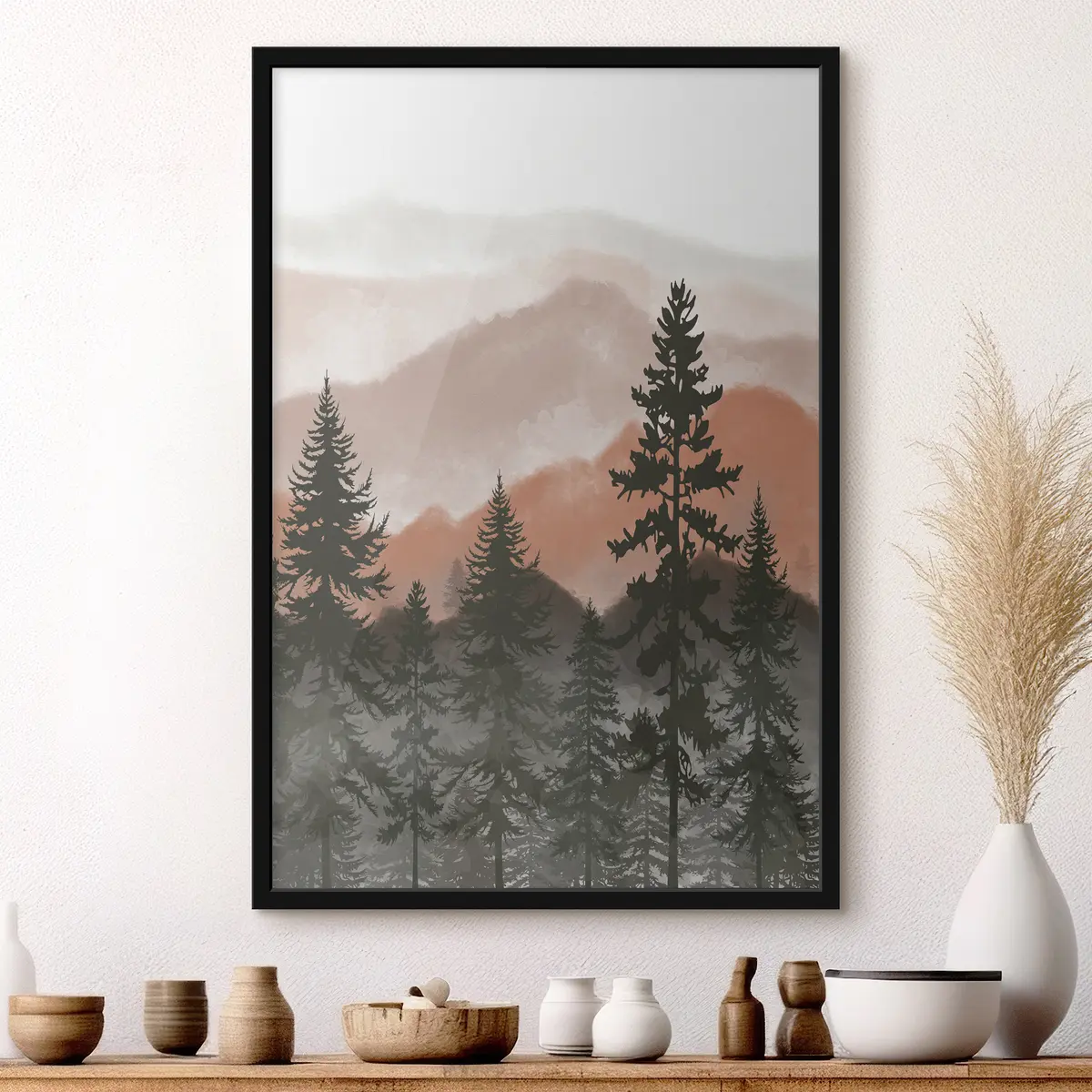 Plakāts Mierīgi kalni ar augstām priedēm f37017v2