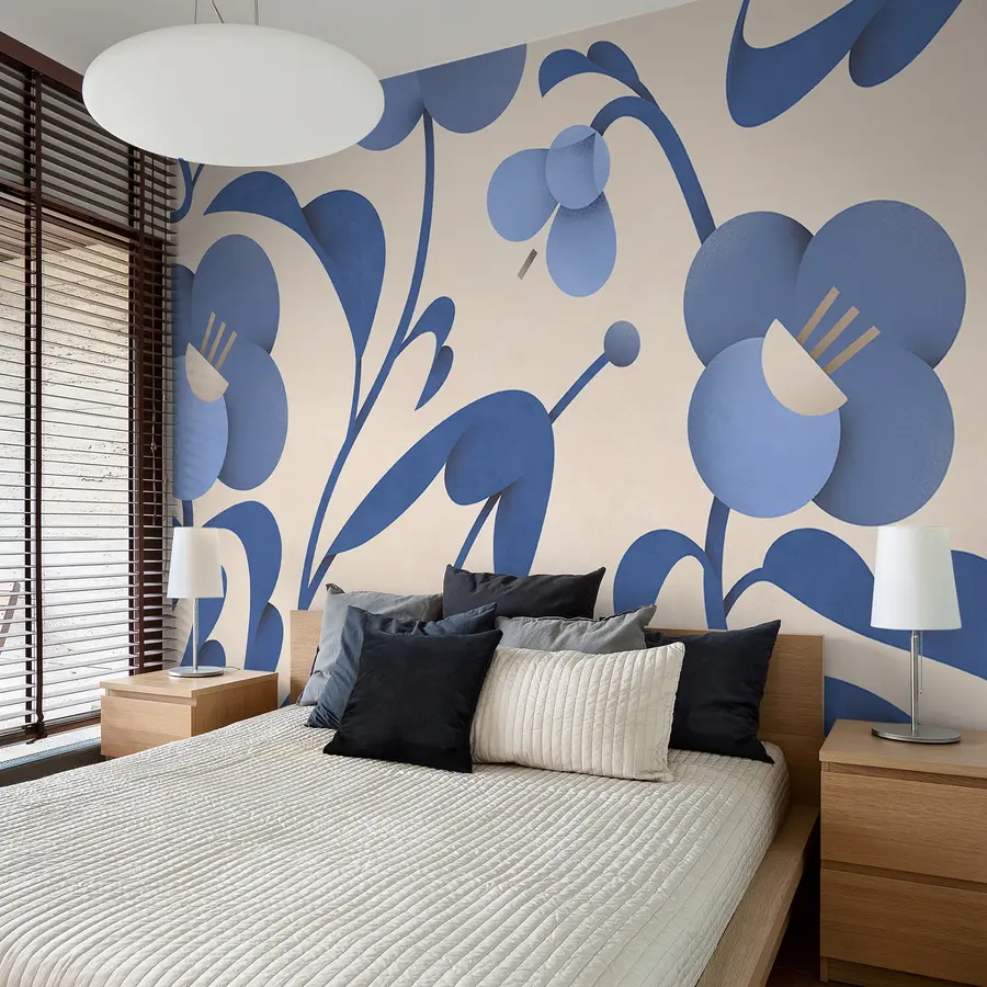 Fototapetes Botāniska apdruka ar dekoratīviem ziliem ziediem uz bēša fona u99196v7