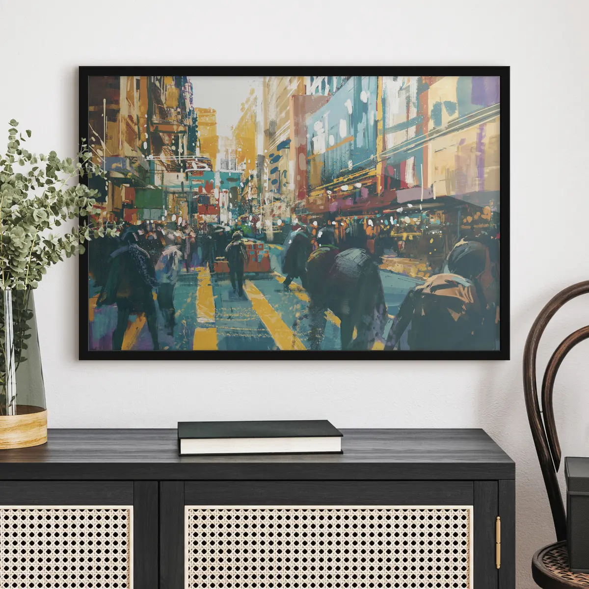 Plakāts Rosīga pilsētas iela, kas piepildīta ar cilvēkiem f37108