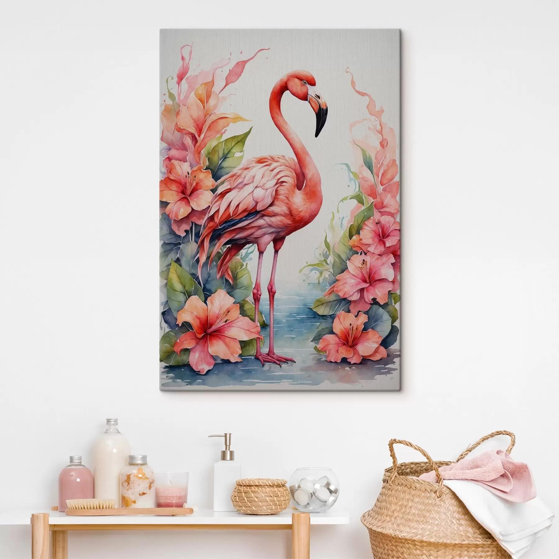 Glezna Elegants flamingo starp košām puķēm s37125