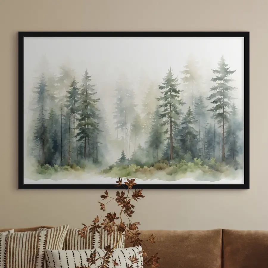 Fototapetes Miglas apklāts meža ainava maigās krāsās f37337