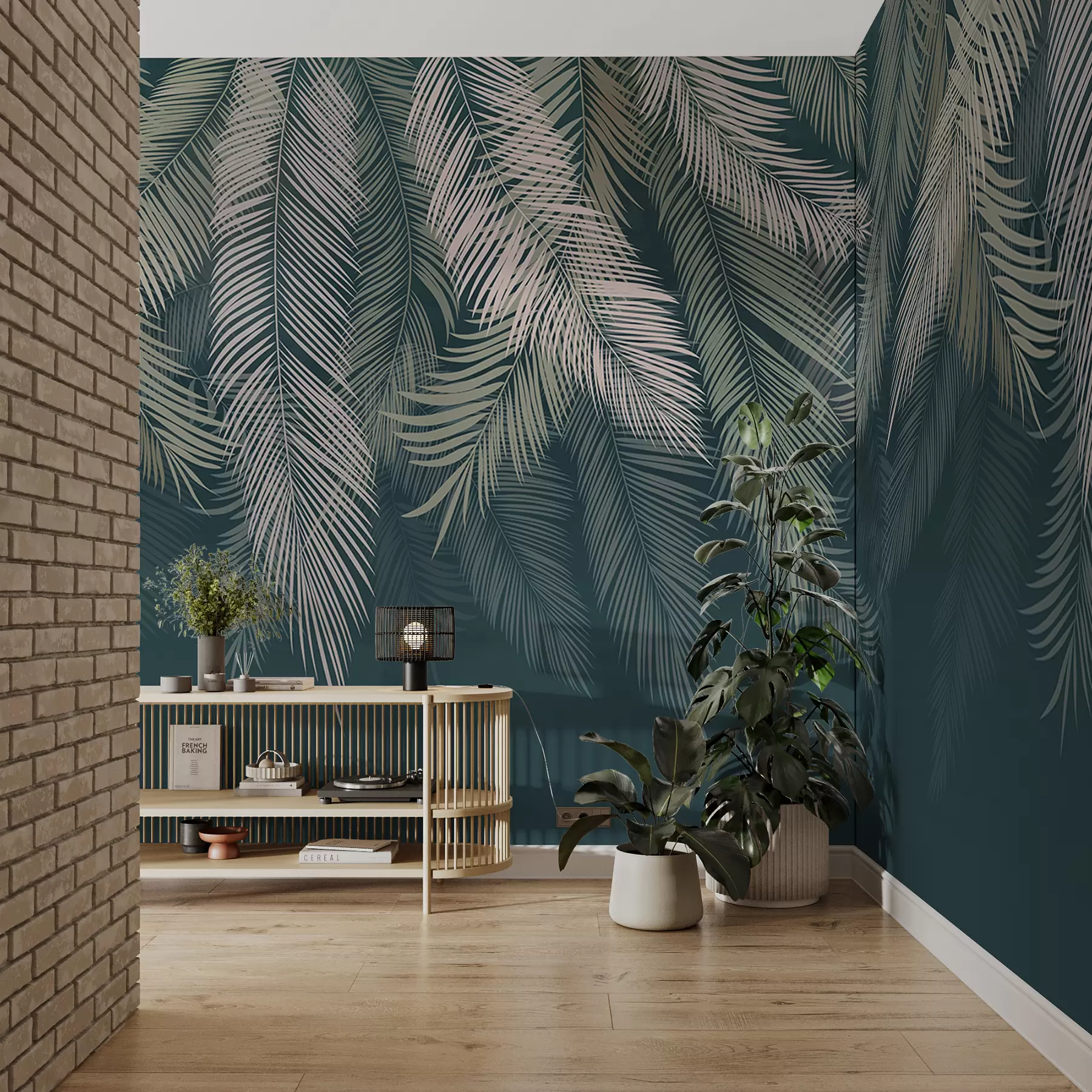 Fototapetes Palmu lapas uz tumši zaļa fona u48556v2d2